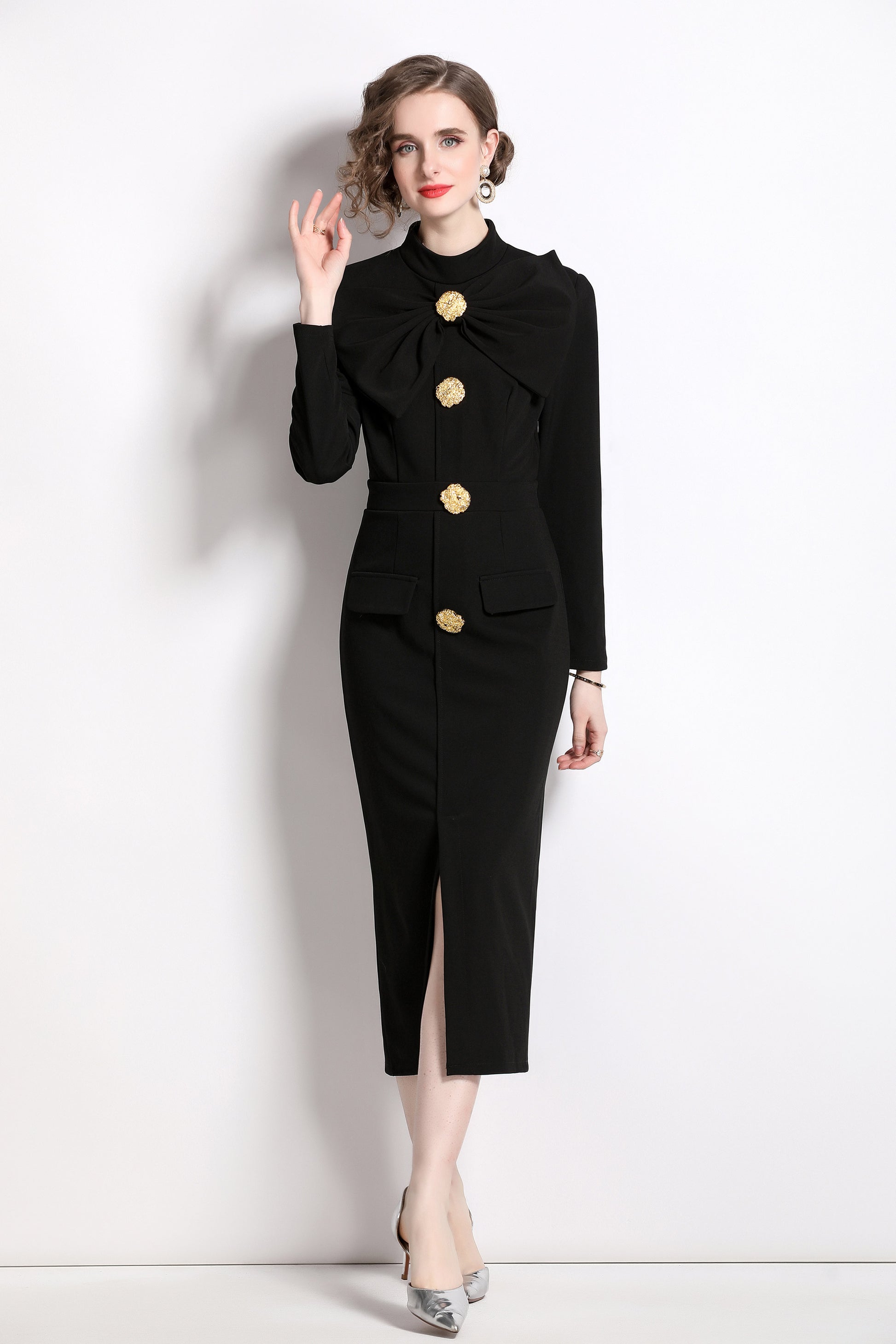 BK- butterfly knot Long sleeve button split hem dress with pocket - LAI MENG FIVE CATS