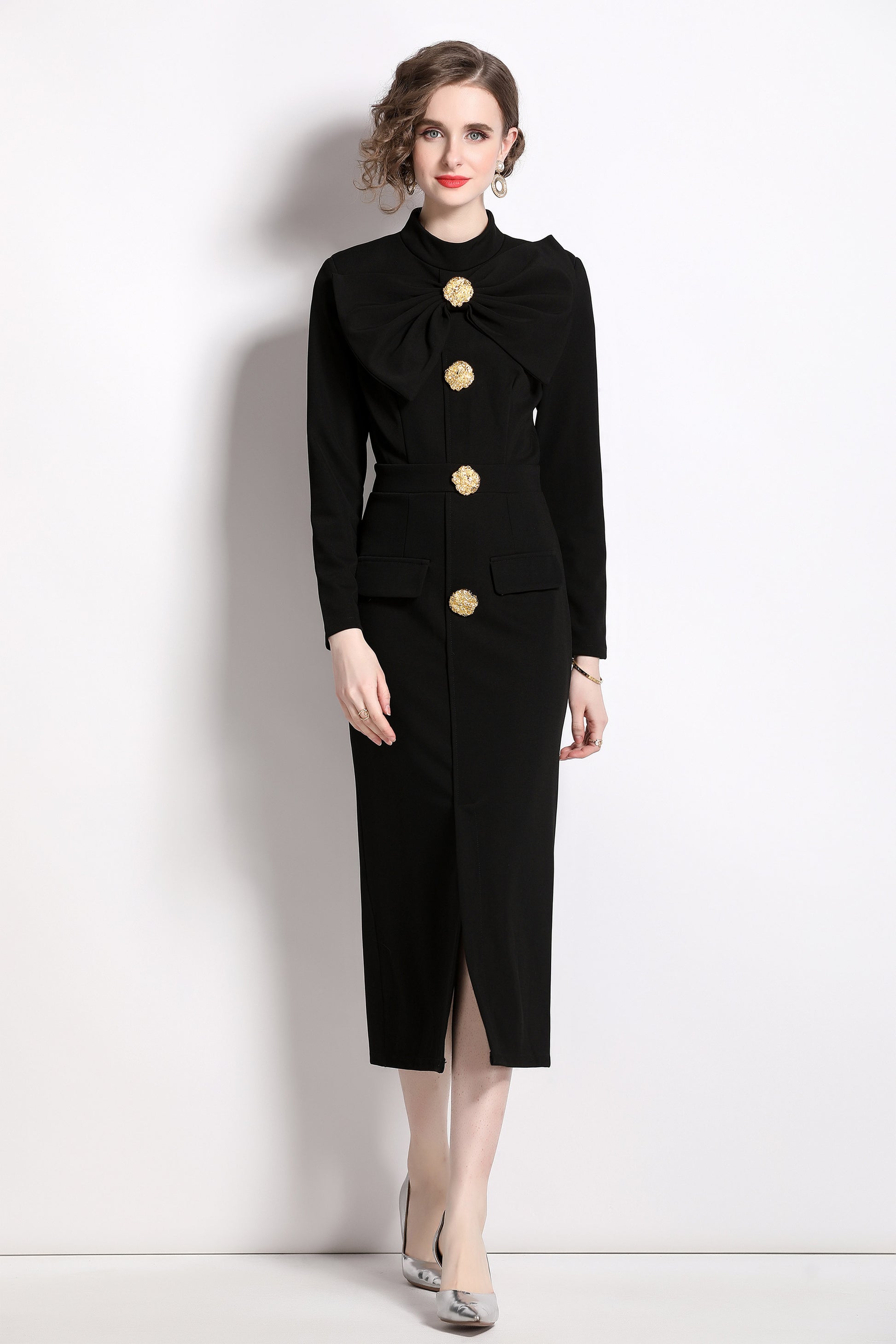 BK- butterfly knot Long sleeve button split hem dress with pocket - LAI MENG FIVE CATS