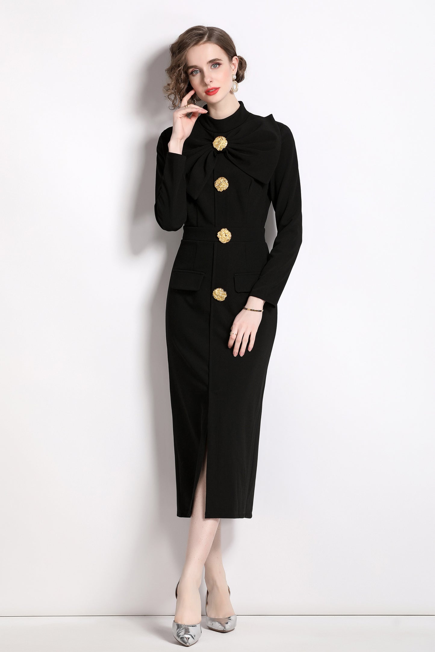 BK- butterfly knot Long sleeve button split hem dress with pocket - LAI MENG FIVE CATS