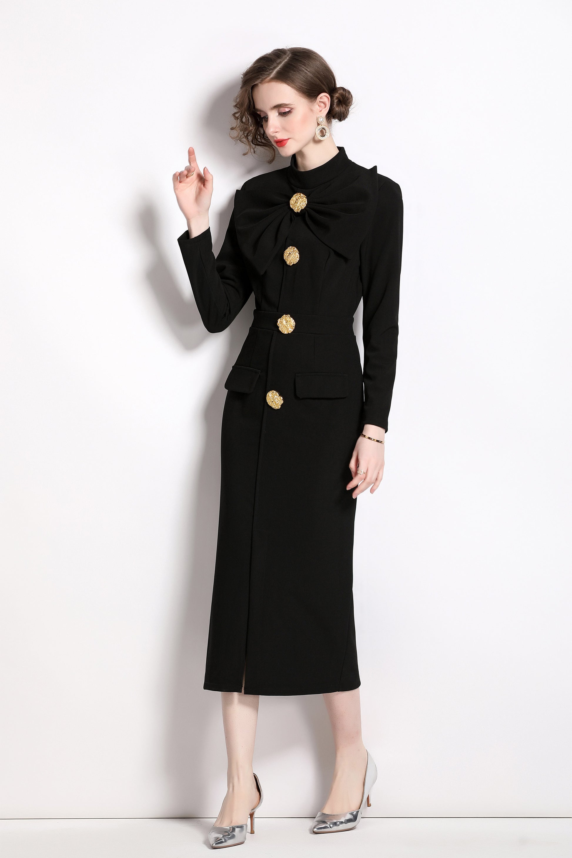 BK- butterfly knot Long sleeve button split hem dress with pocket - LAI MENG FIVE CATS