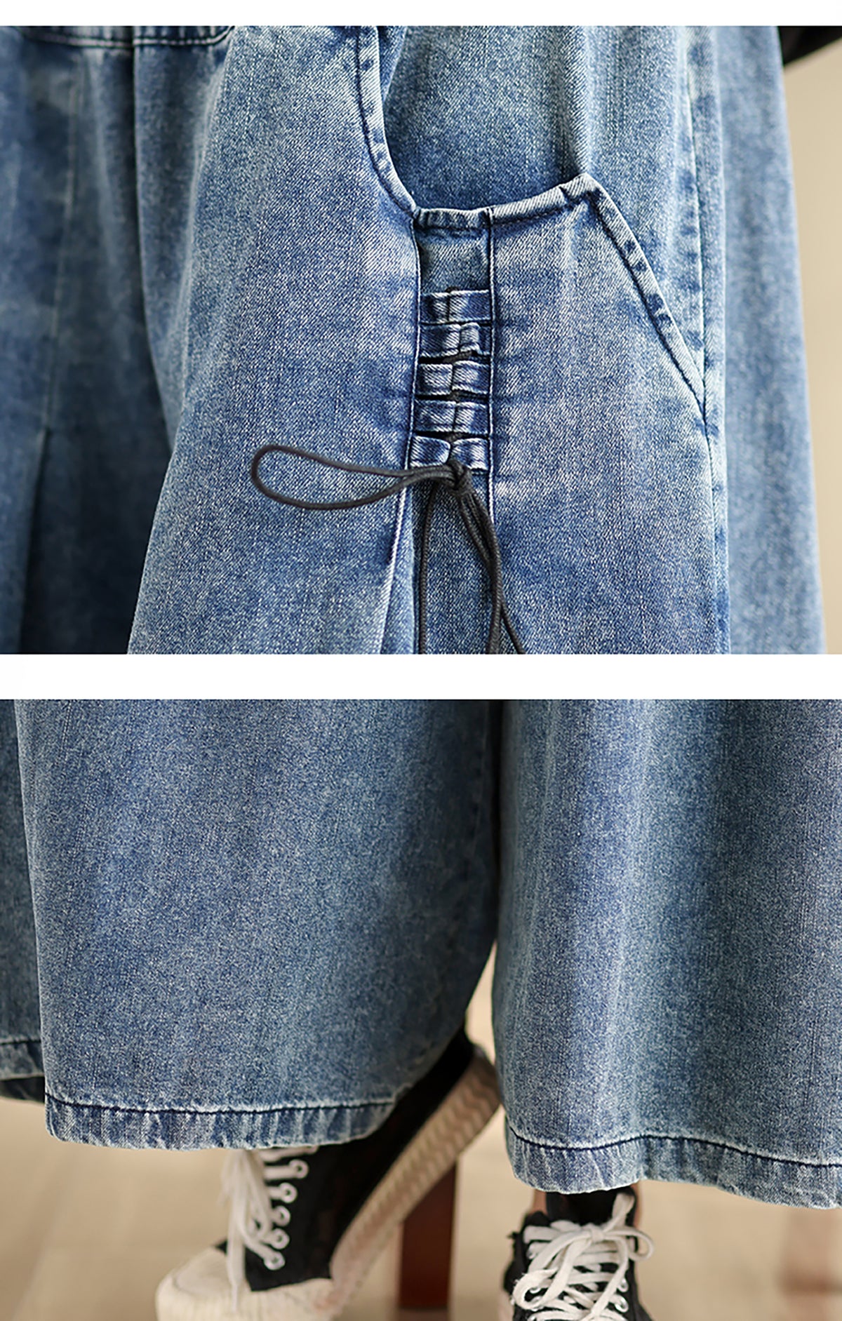 26266 Wide-Leg Denim Jeans with Elastic Waist & Drawstring