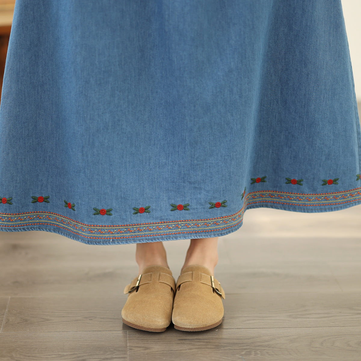Women's Embroidered Elastic Waist Denim Jean Maxi Skirt Pocket - LAI MENG FIVE CATS