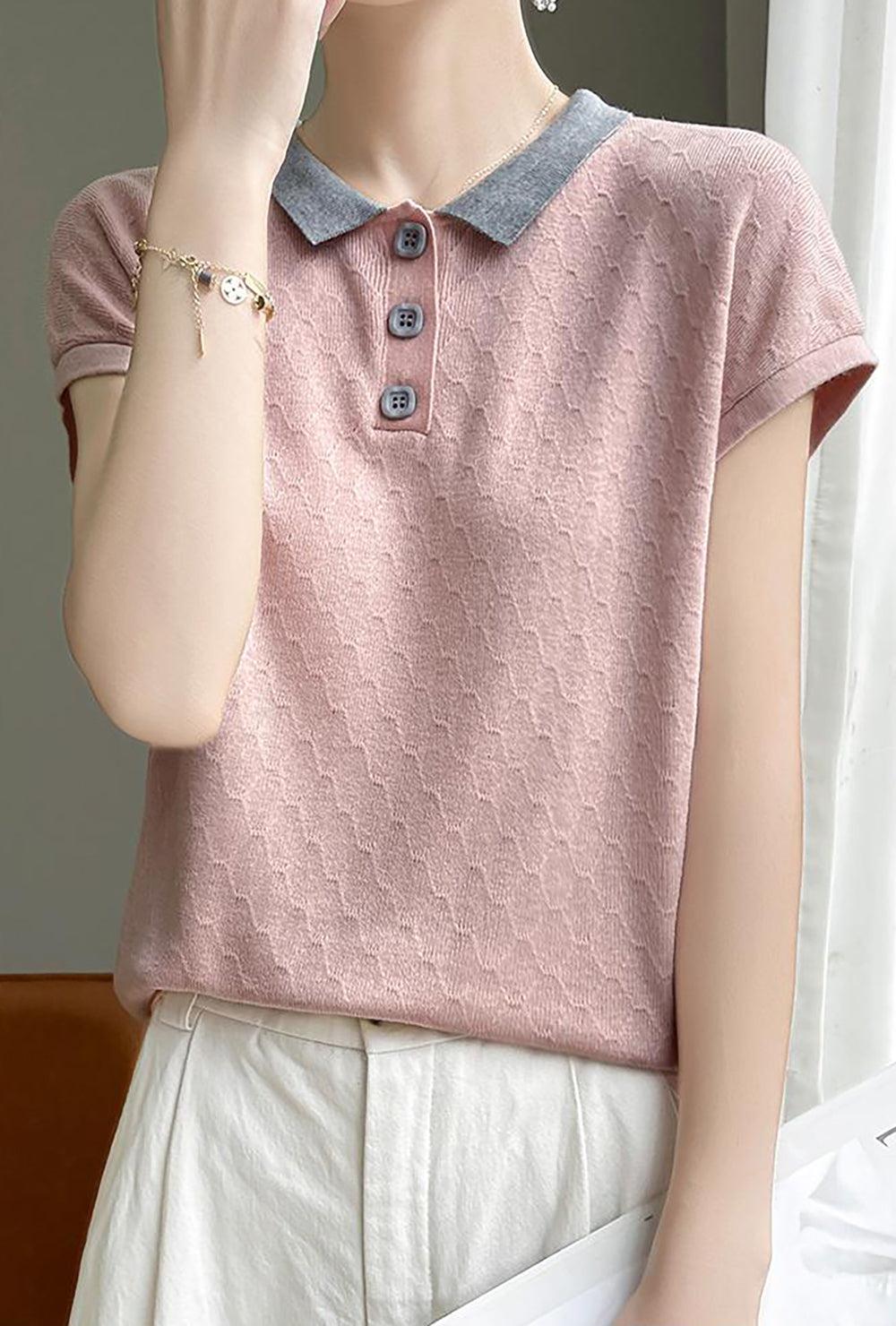 Women's Knit Tops Henley Shirts Color Block Blouse