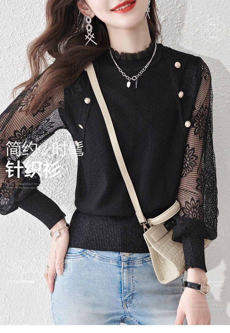 Women's Turtleneck Sweater Lantern Sleeves Lace Tops - LAI MENG FIVE CATS