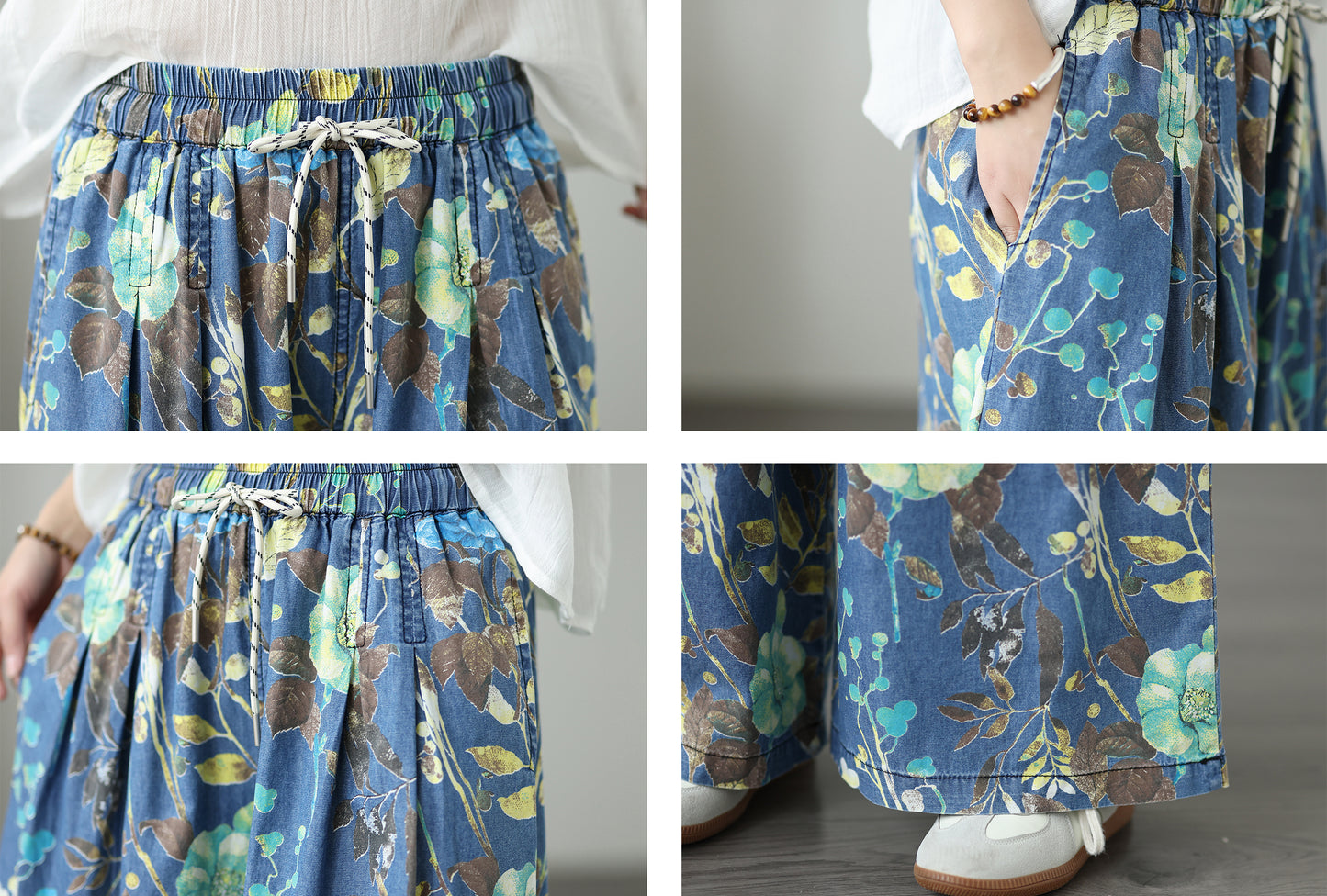 Women's Wide Leg Jeans Baggy Floral Wasited Elastic Pants - LAI MENG FIVE CATS