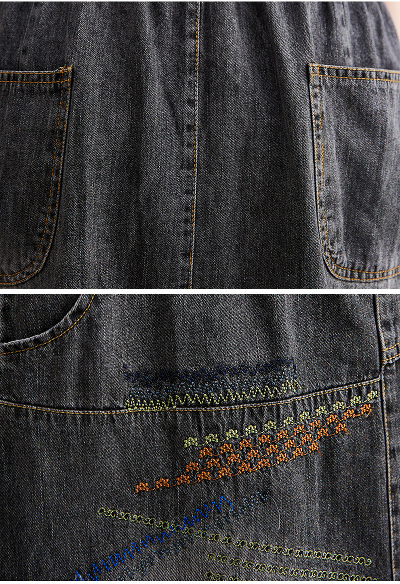 Women's Denim Drawstring Waist Pockets Jean Skirt - LAI MENG FIVE CATS