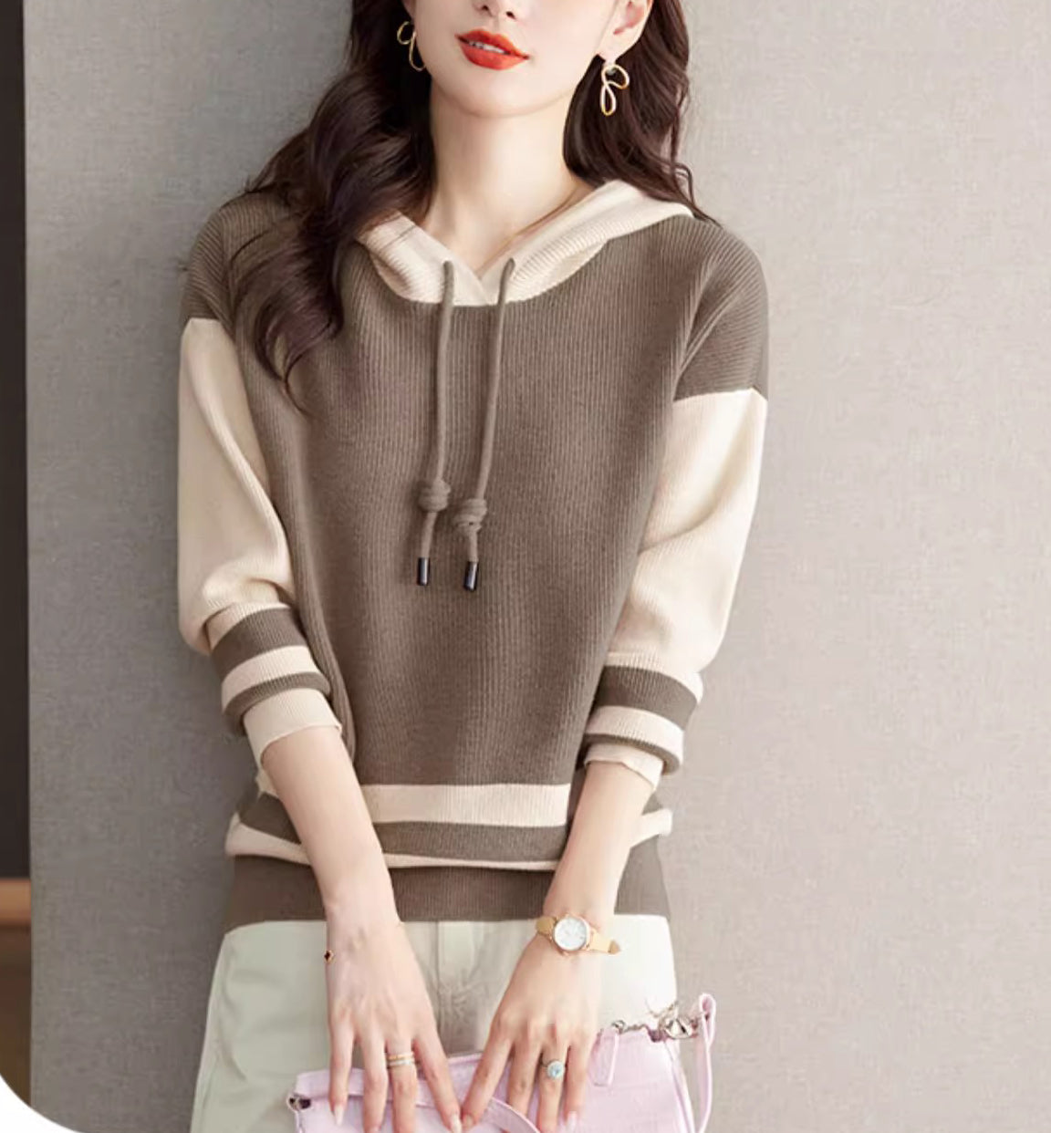 Women's Striped Color Block Hoodies Sweater Knit Tops