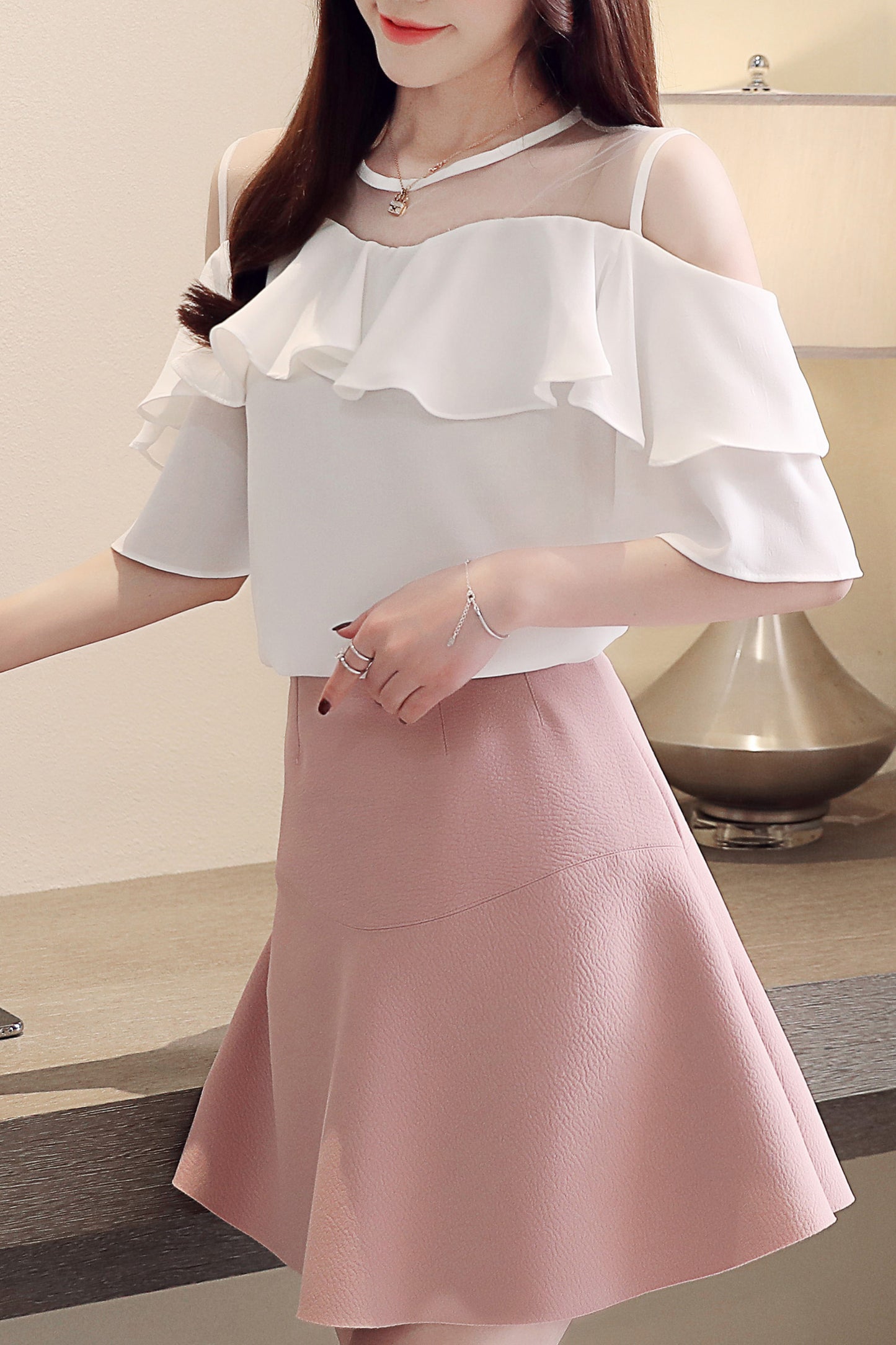 Women's Chiffon Ruffle Off Shoulder Mesh Blouse Top