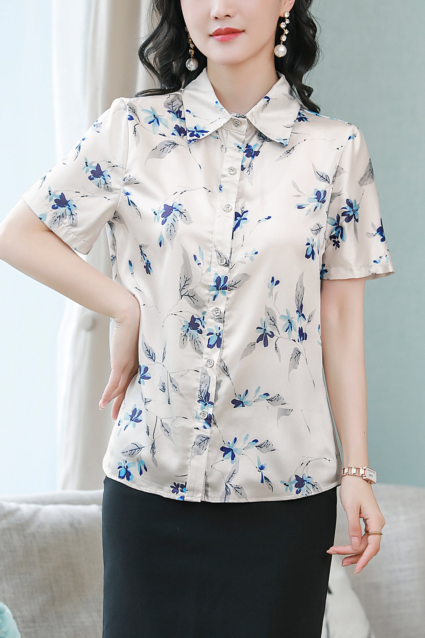 Women's Stain Floral Print Blouse Short Sleeve Tops