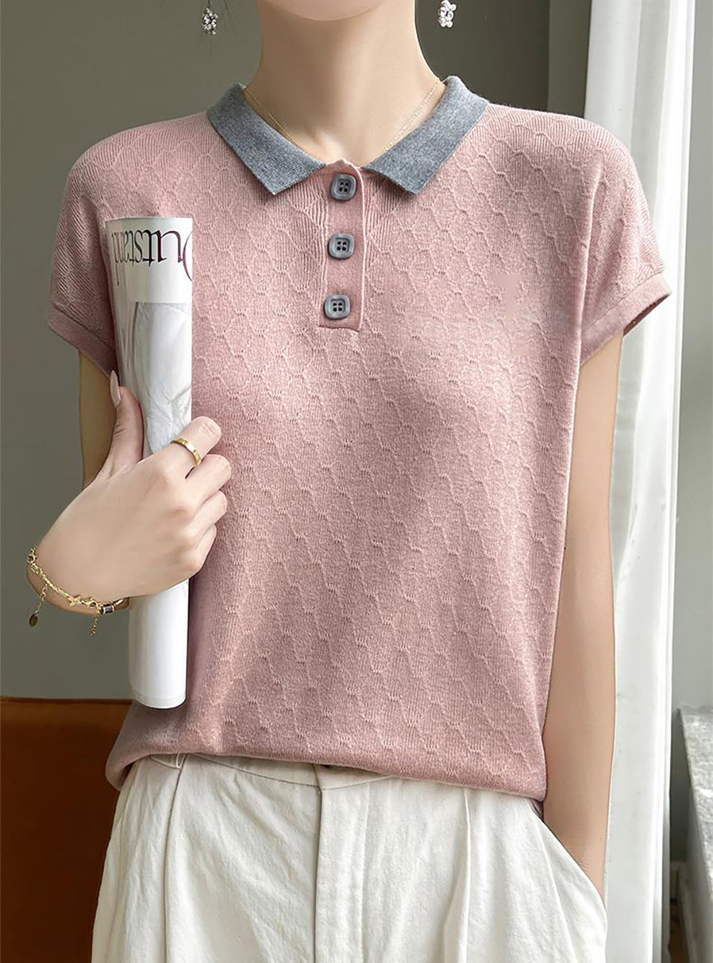 Women's Knit Tops Henley Shirts Color Block Blouse