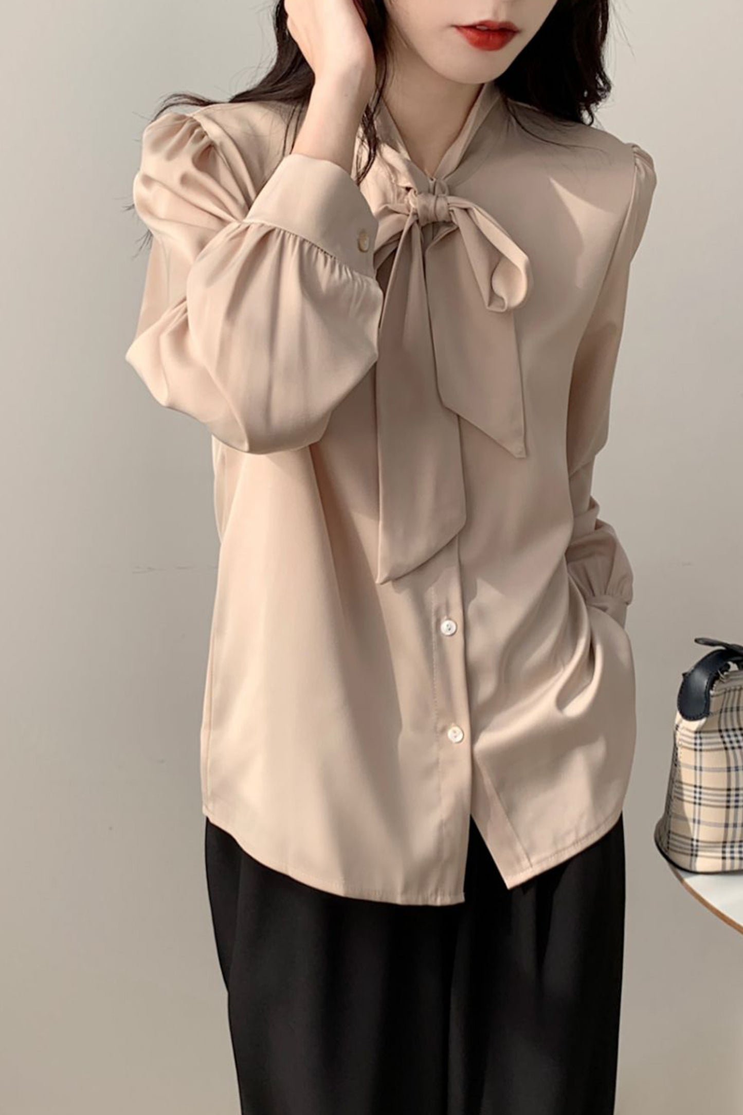 Women's Stain Shirt Tie Neck Long Sleeve Blouse Top