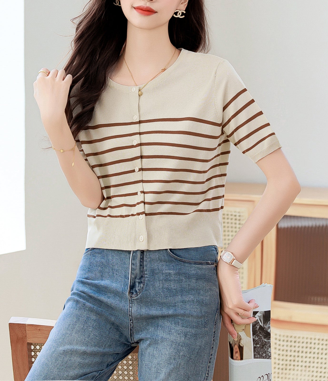 Women's Stripes Short Sleeve Knit Cardigan Tops