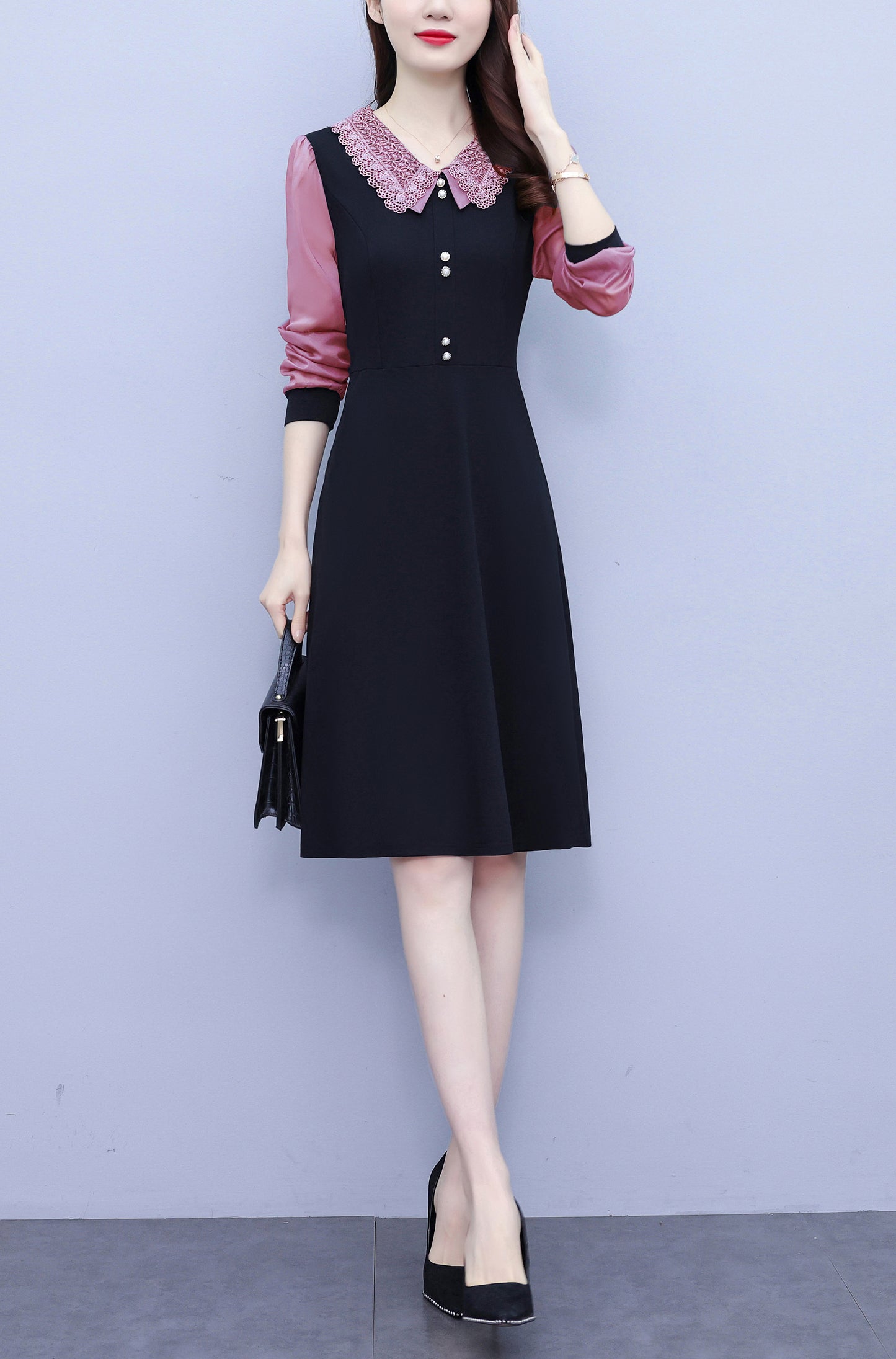 Women's Peter Pan Collar Long Sleeve Pocket Midi Dress