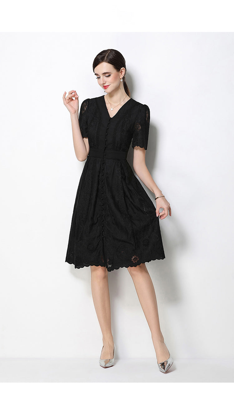 Lace V-Neck Button Front A-Line Summer Dress