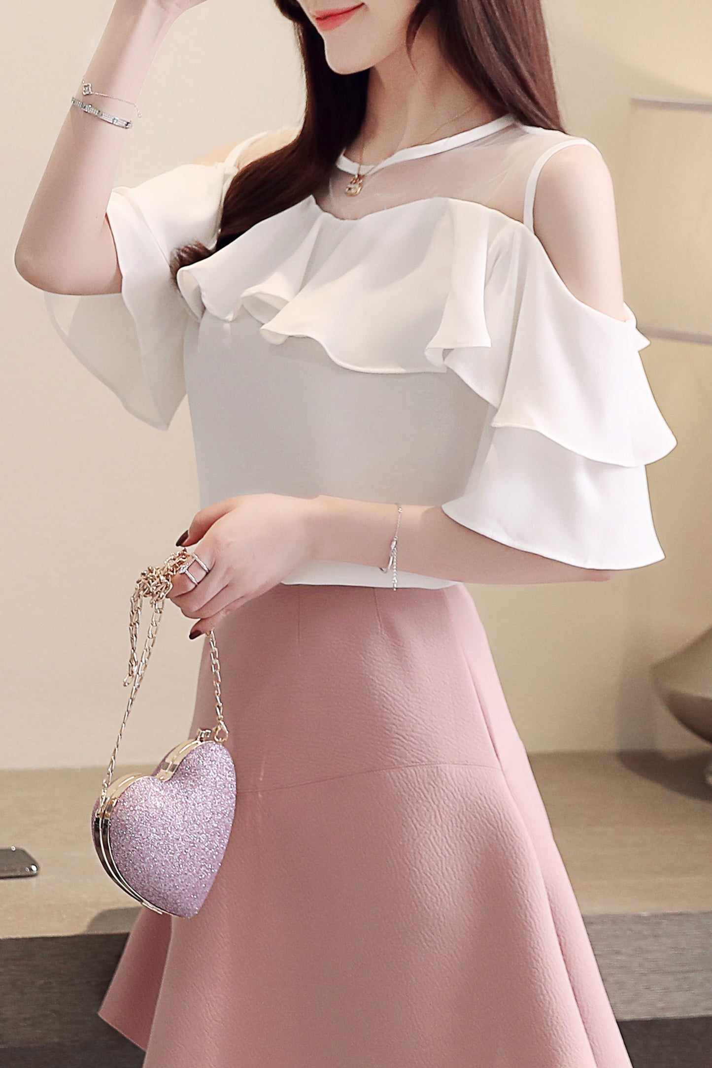 Women's Chiffon Ruffle Off Shoulder Mesh Blouse Top