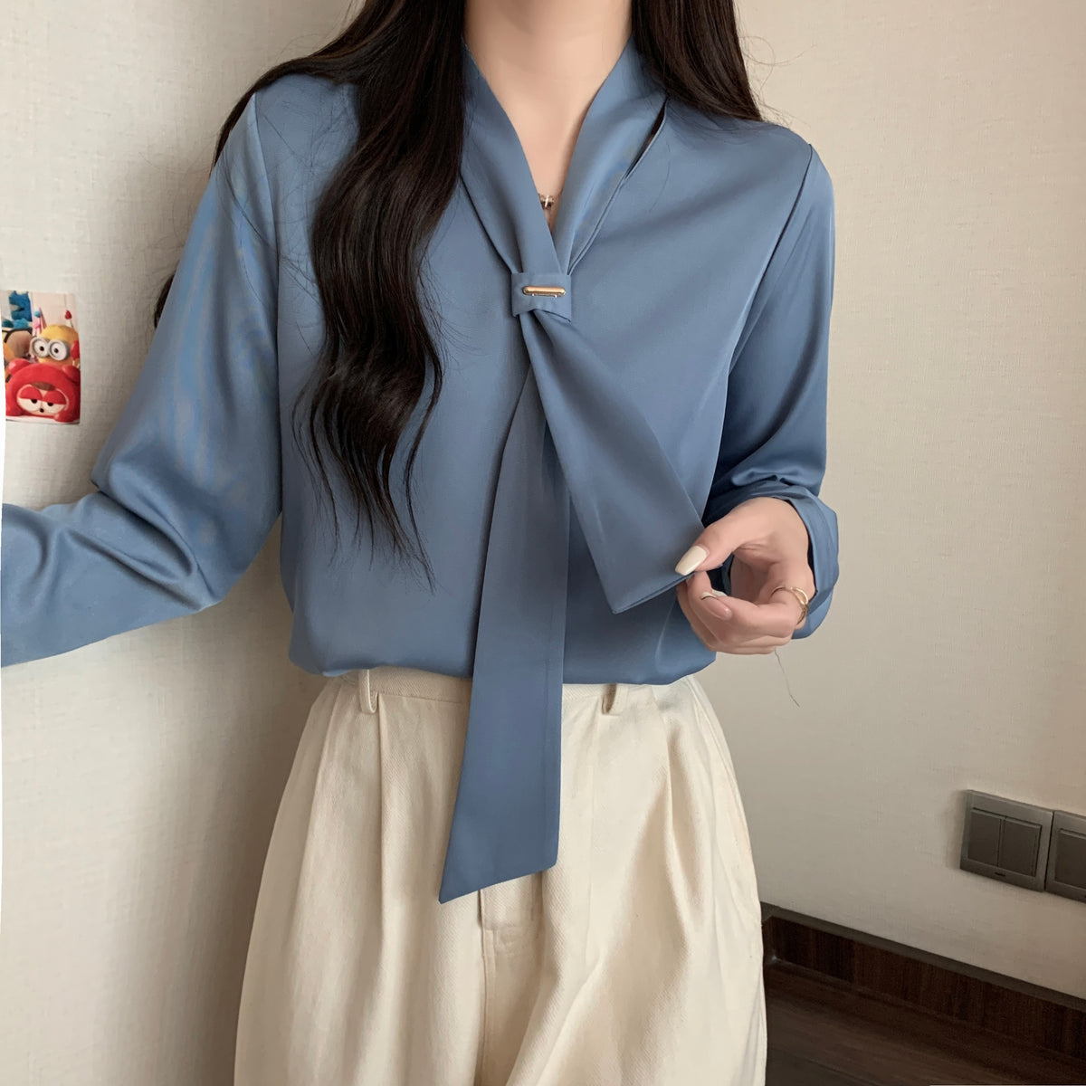 Women's Silk Satin Shirt Tie Neck Long Sleeve Blouse - LAI MENG FIVE CATS