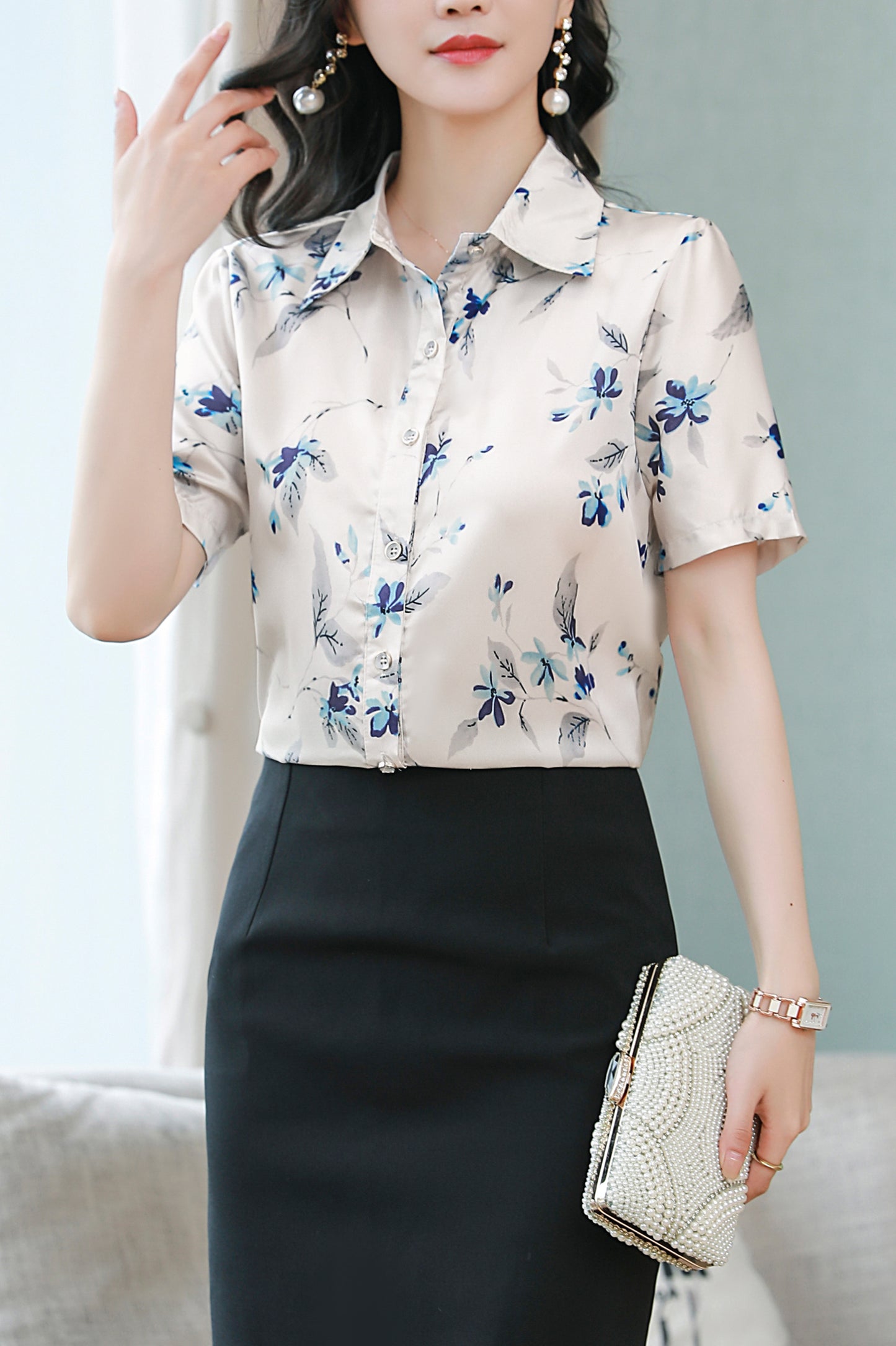 Women's Stain Floral Print Blouse Short Sleeve Tops