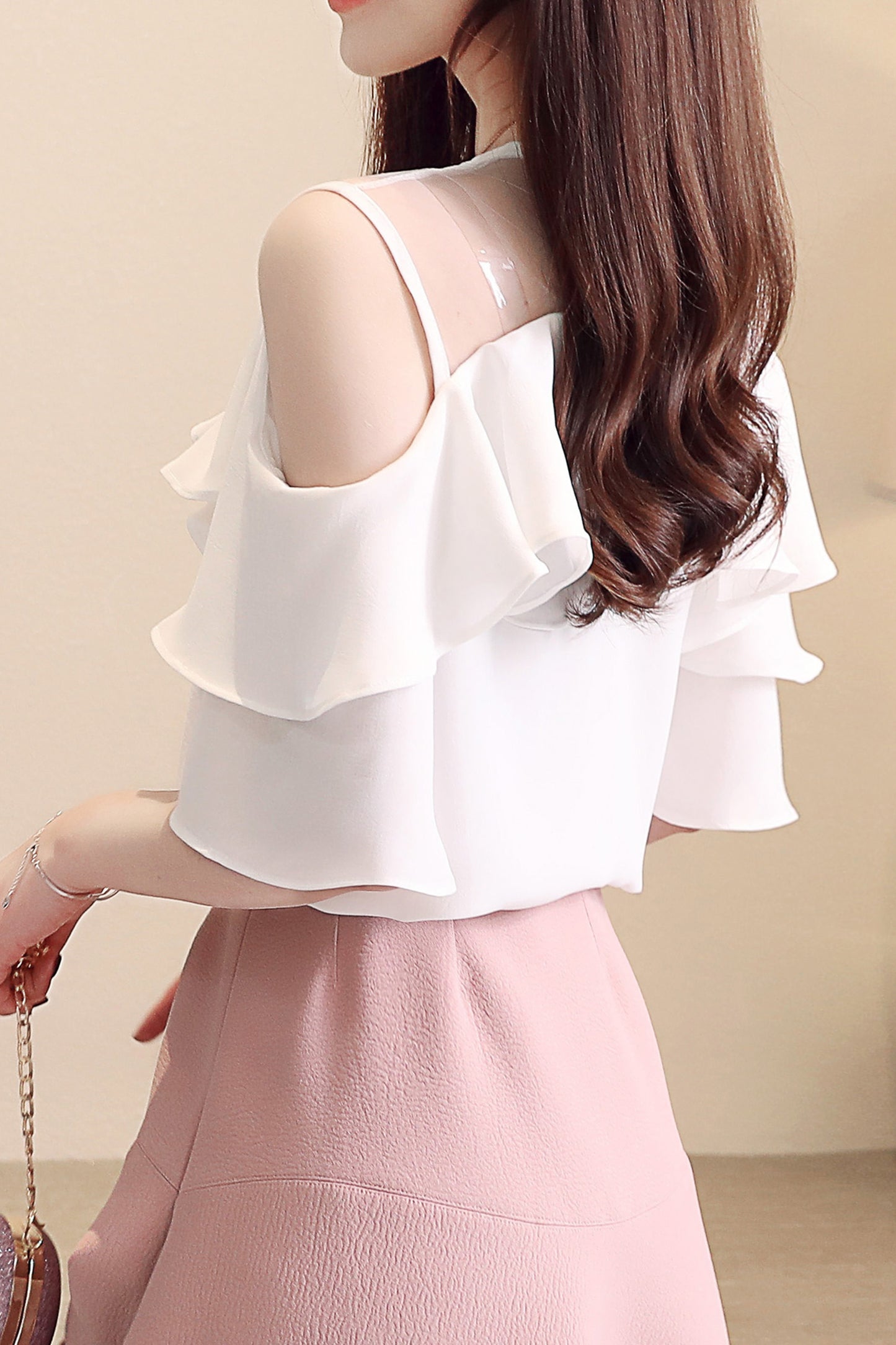 Women's Chiffon Ruffle Off Shoulder Mesh Blouse Top
