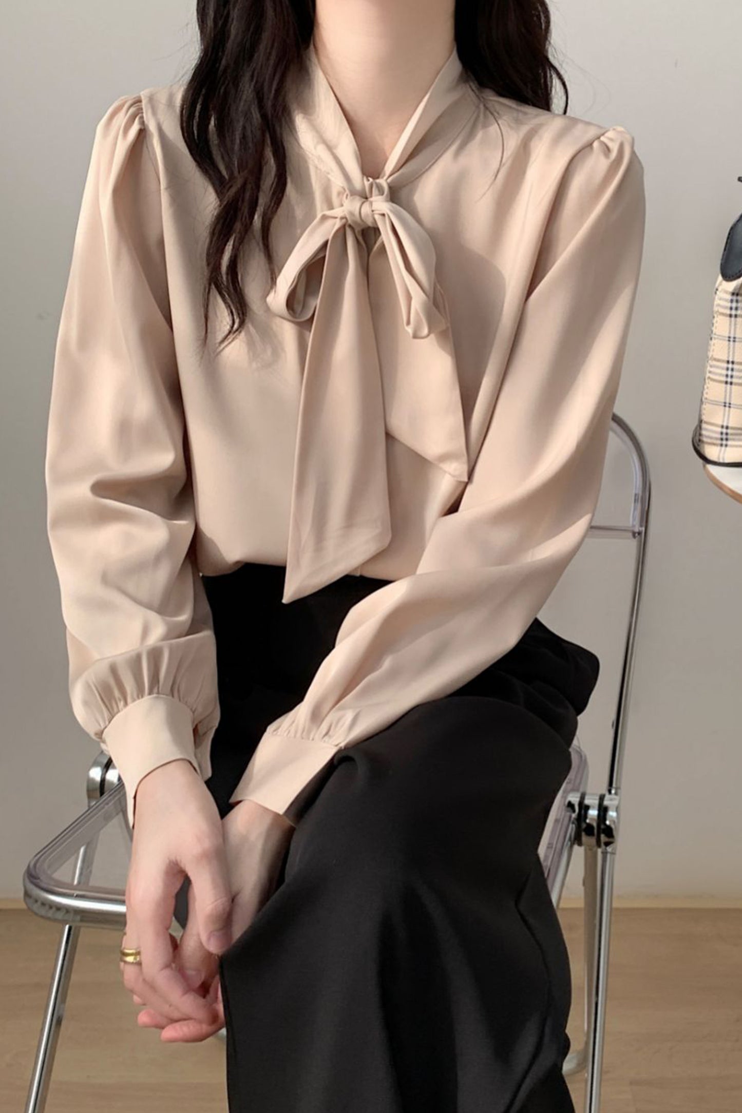 Women's Stain Shirt Tie Neck Long Sleeve Blouse Top