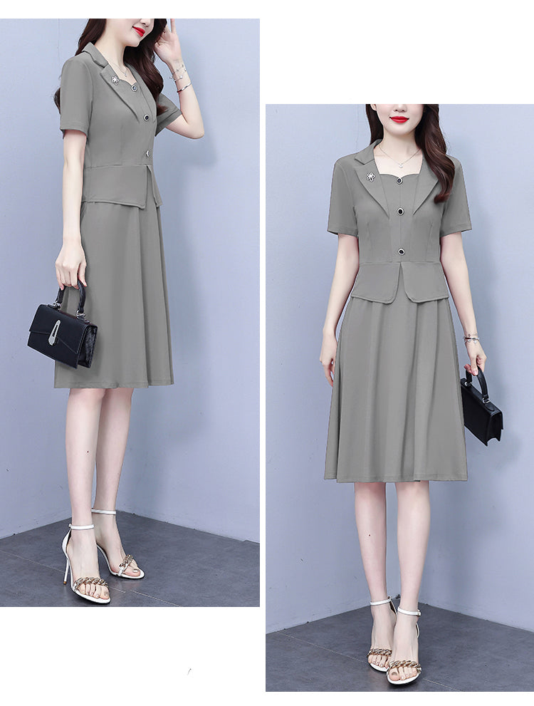 Women's Short Sleeve Pocket Work Office Suit Dress - LAI MENG FIVE CATS