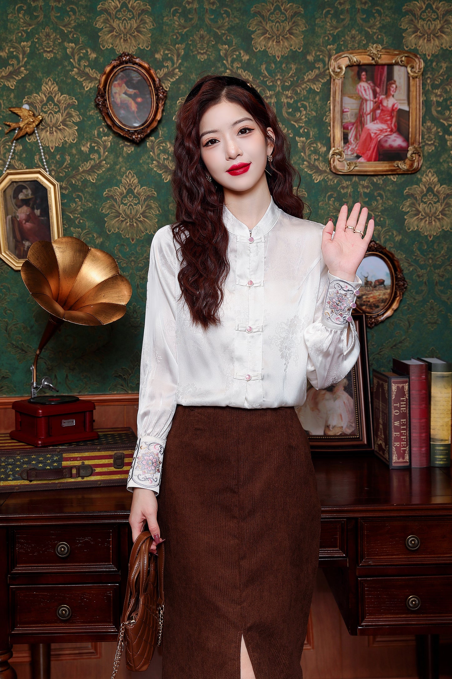 Women's Silk Satin Jacquard Long Sleeve Blouses