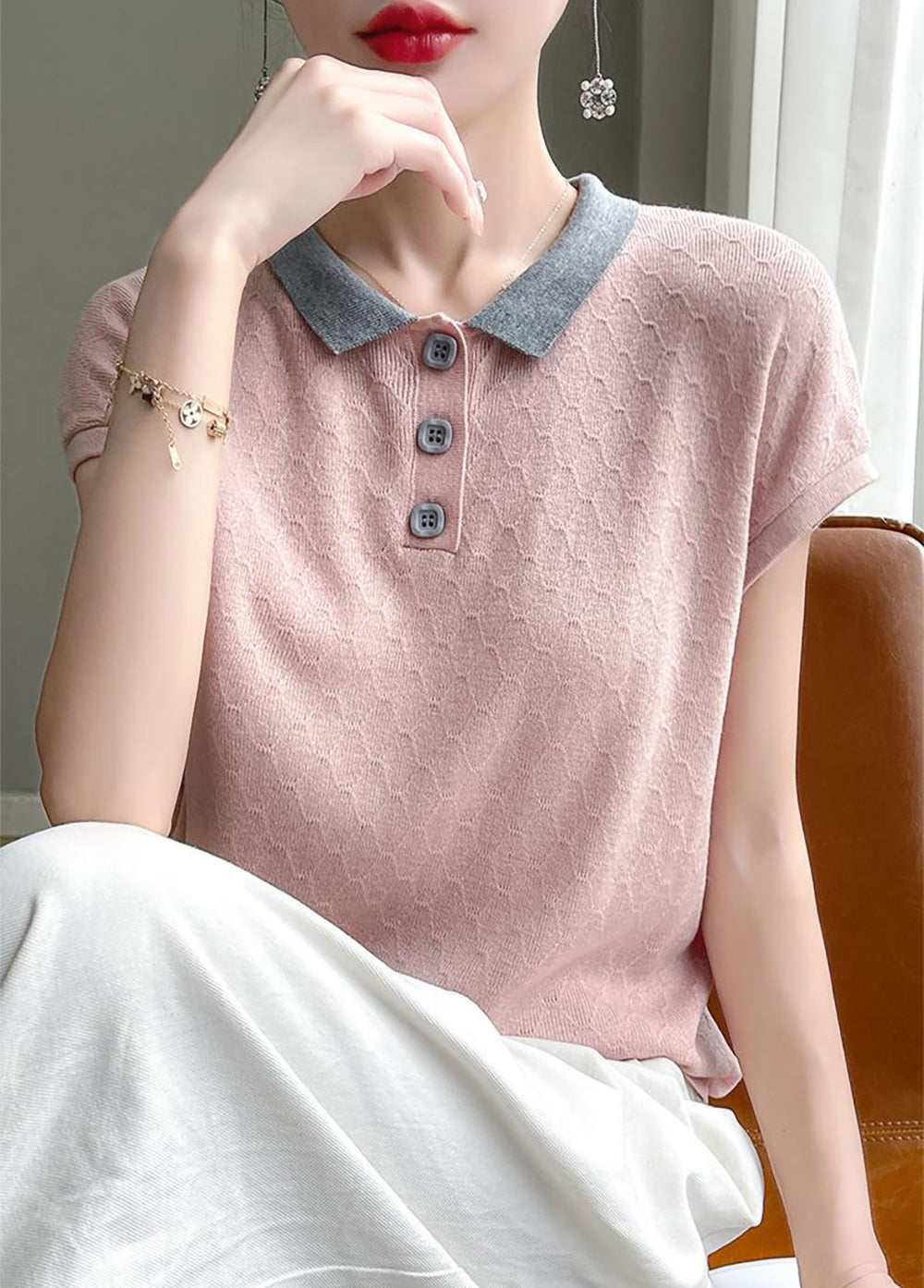 Women's Knit Tops Henley Shirts Color Block Blouse