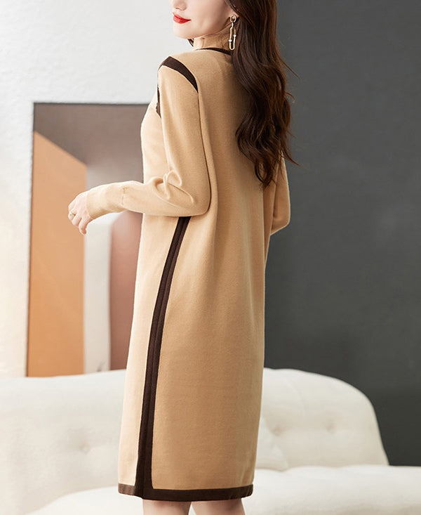 Women's Long Sleeve Sweater Knit Color Block Dress