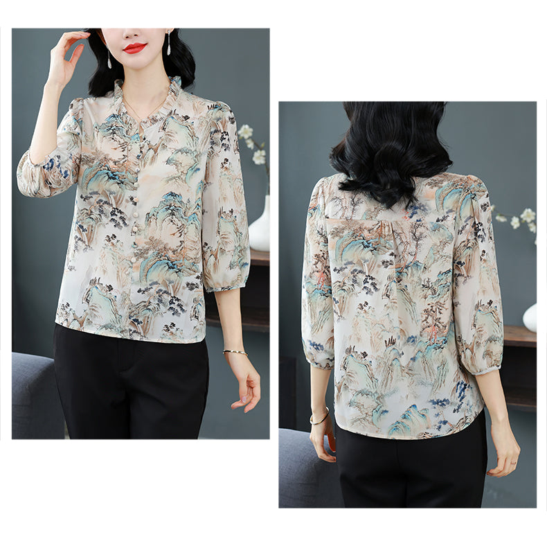Women's Floral Print Ruffle Button Loose Blouses Top
