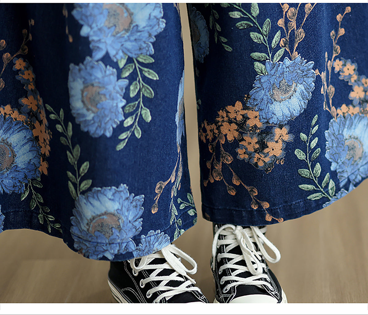 26804 Blue Floral Print Wide-Leg Jeans with Elastic Waist