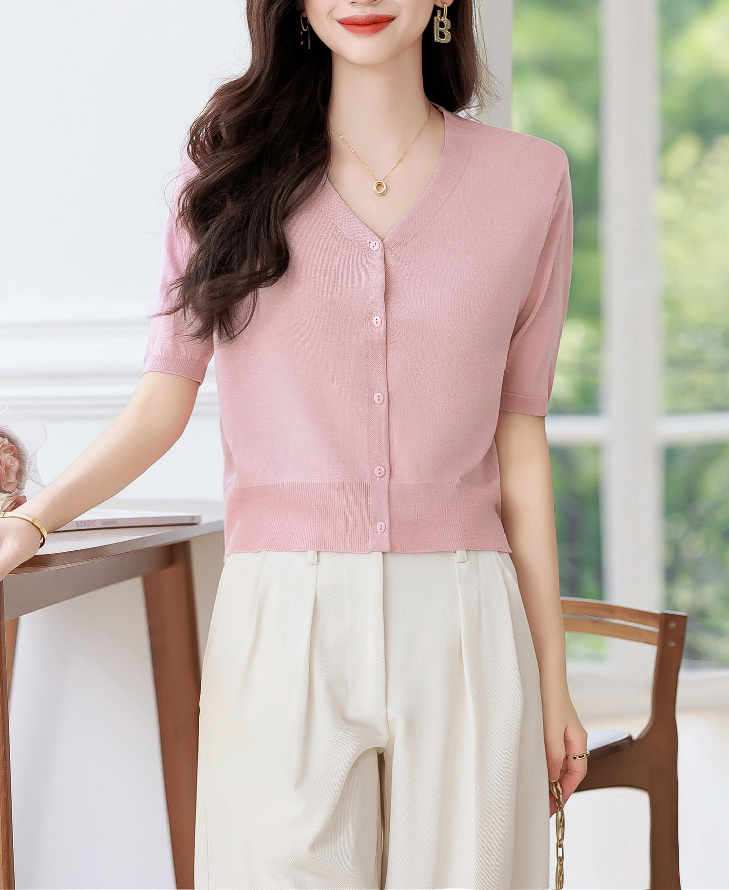 Women's Short Sleeve Ribbed Knit Cardigan Tops