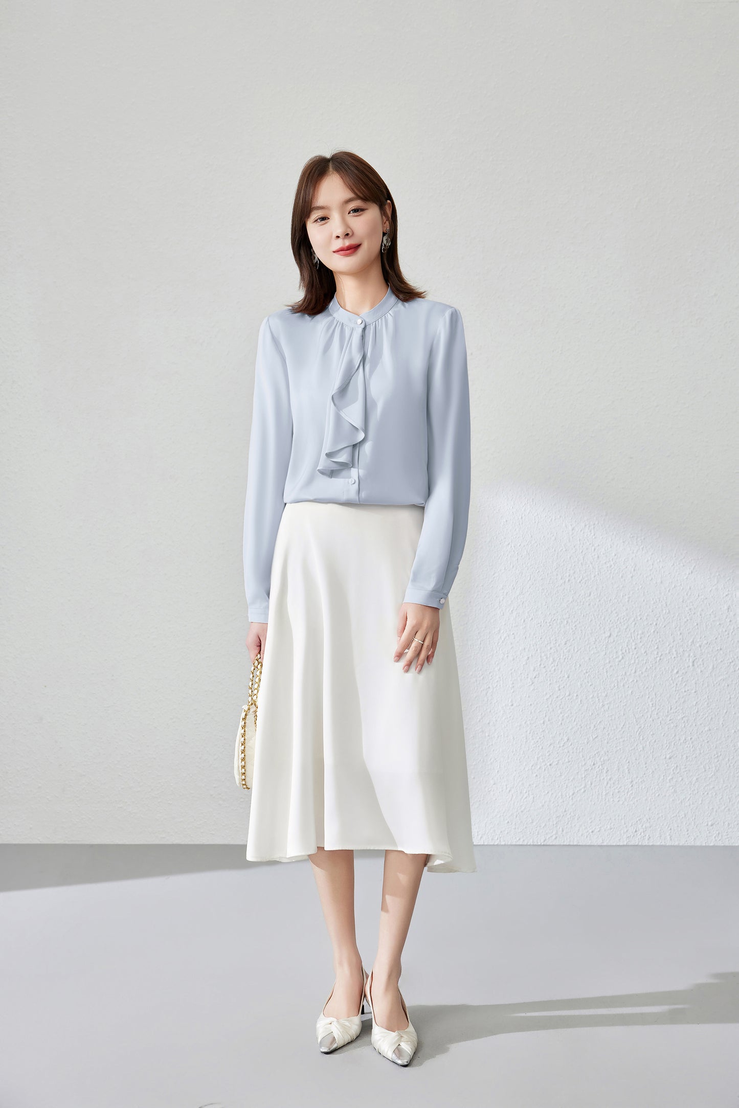 Women's Ruffle Shirt Tie Neck Long Sleeve Blouse - LAI MENG FIVE CATS