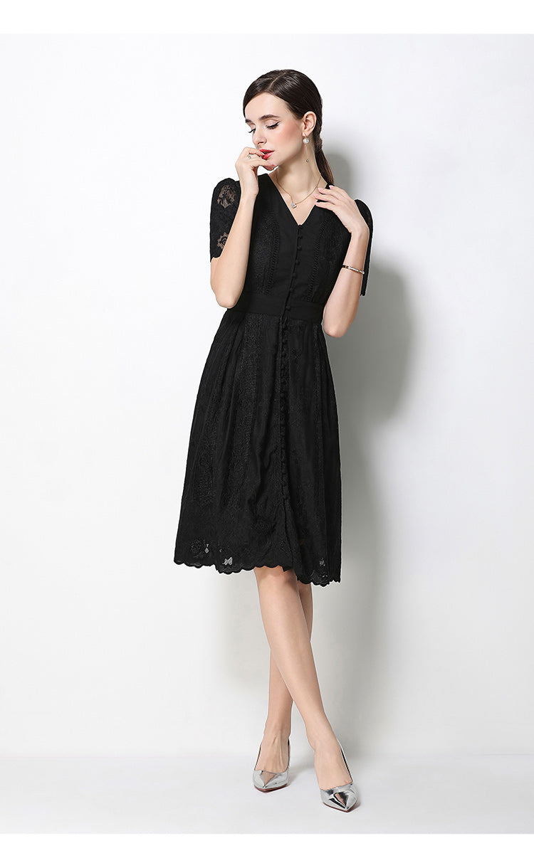 Lace V-Neck Button Front A-Line Summer Dress - LAI MENG FIVE CATS