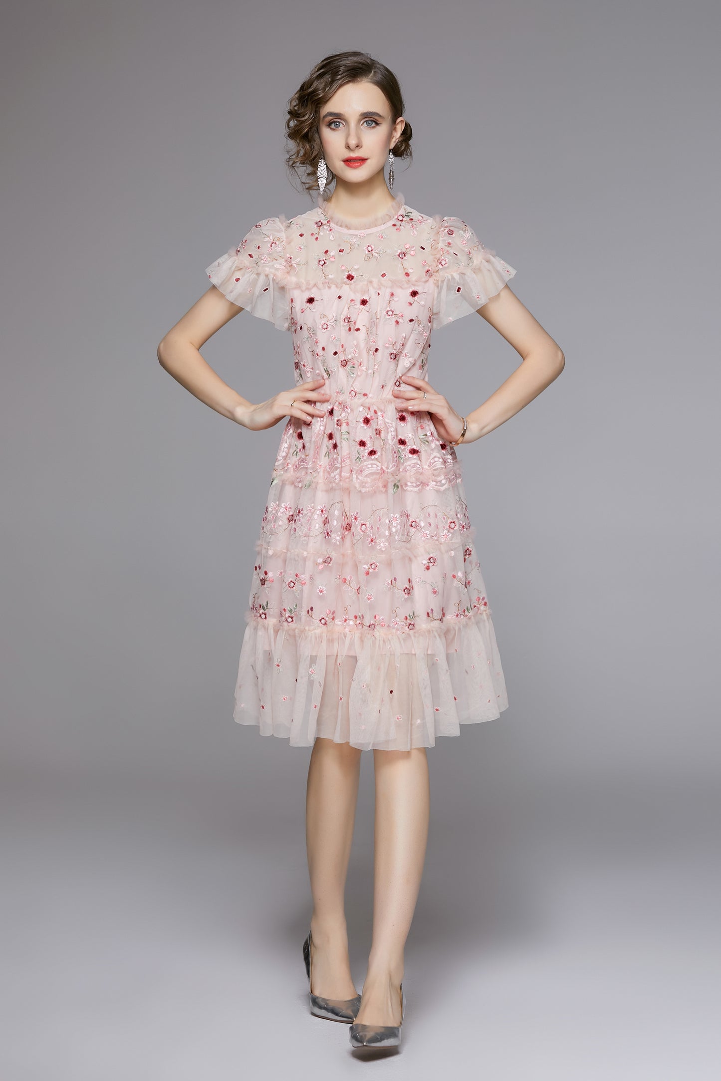 Pink Embroidered Tulle Mini Dress – Romantic Tiered Party Dress