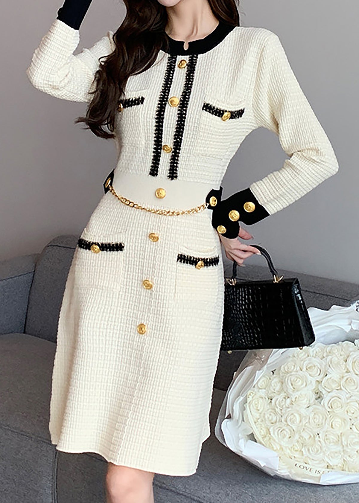 28701 Gold-Button Knit Mini Dress – Black & Ivory