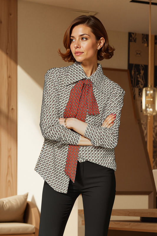 BK-Tie Neck Print Long Sleeve Blouse Top - LAI MENG FIVE CATS
