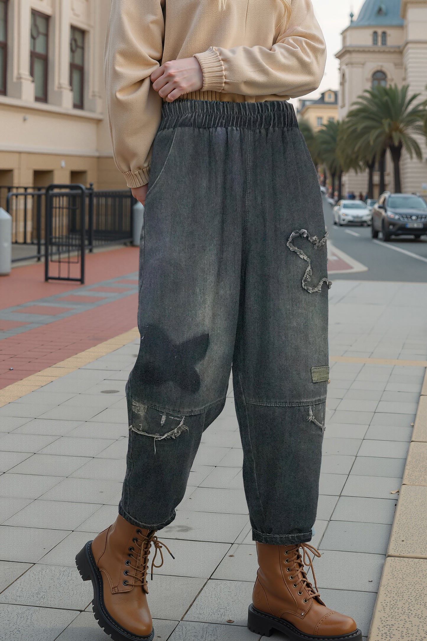 Women's Baggy Jeans Pattern Elastic Waist Casual Harem Pants - LAI MENG FIVE CATS