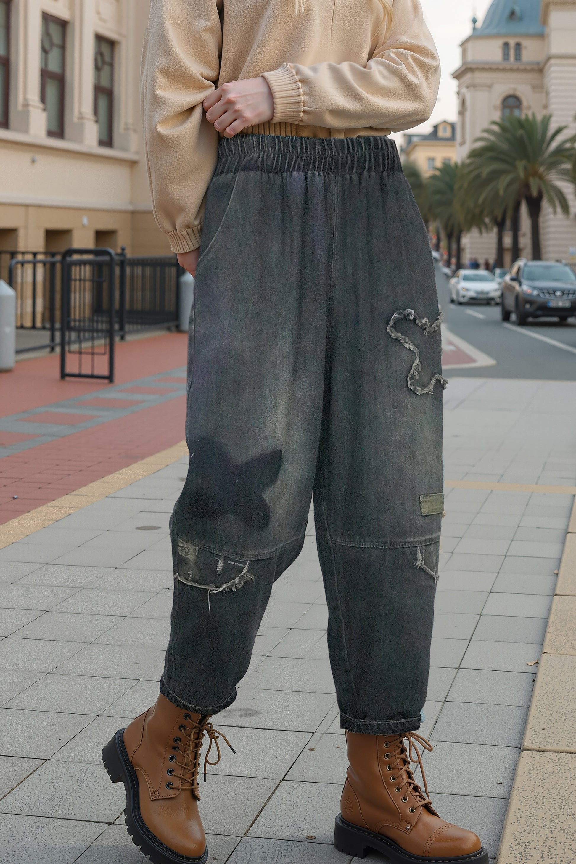 Women's Baggy Jeans Pattern Elastic Waist Casual Harem Pants - LAI MENG FIVE CATS