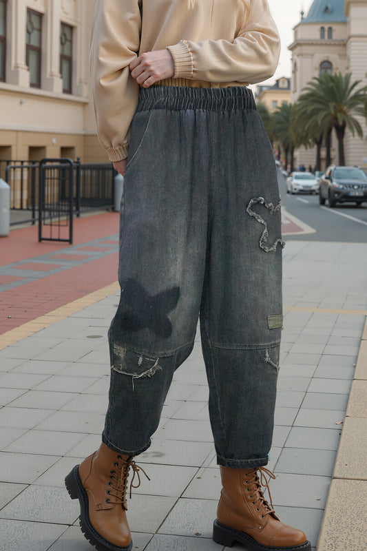 Women's Baggy Jeans Pattern Elastic Waist Casual Harem Pants - LAI MENG FIVE CATS