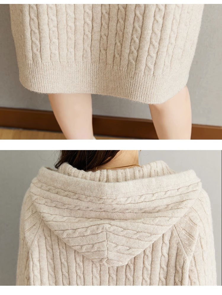Women's Cable Knit Sweater Hoodie Midi Dress