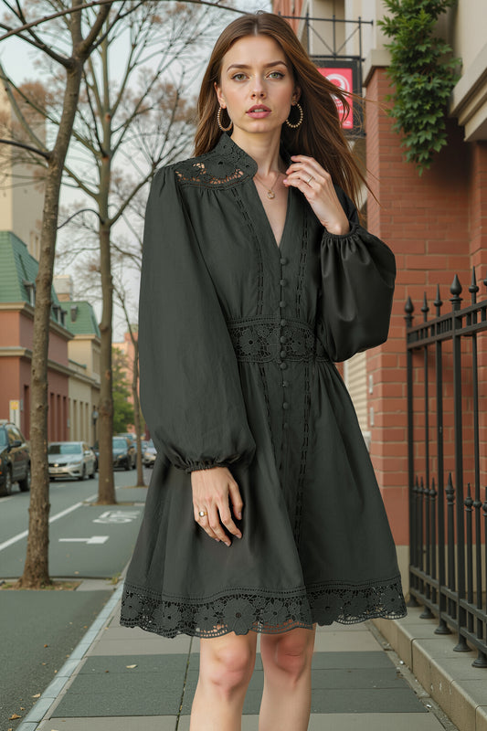 BK-Lace Lantern Long Sleeve Mini Dress - LAI MENG FIVE CATS