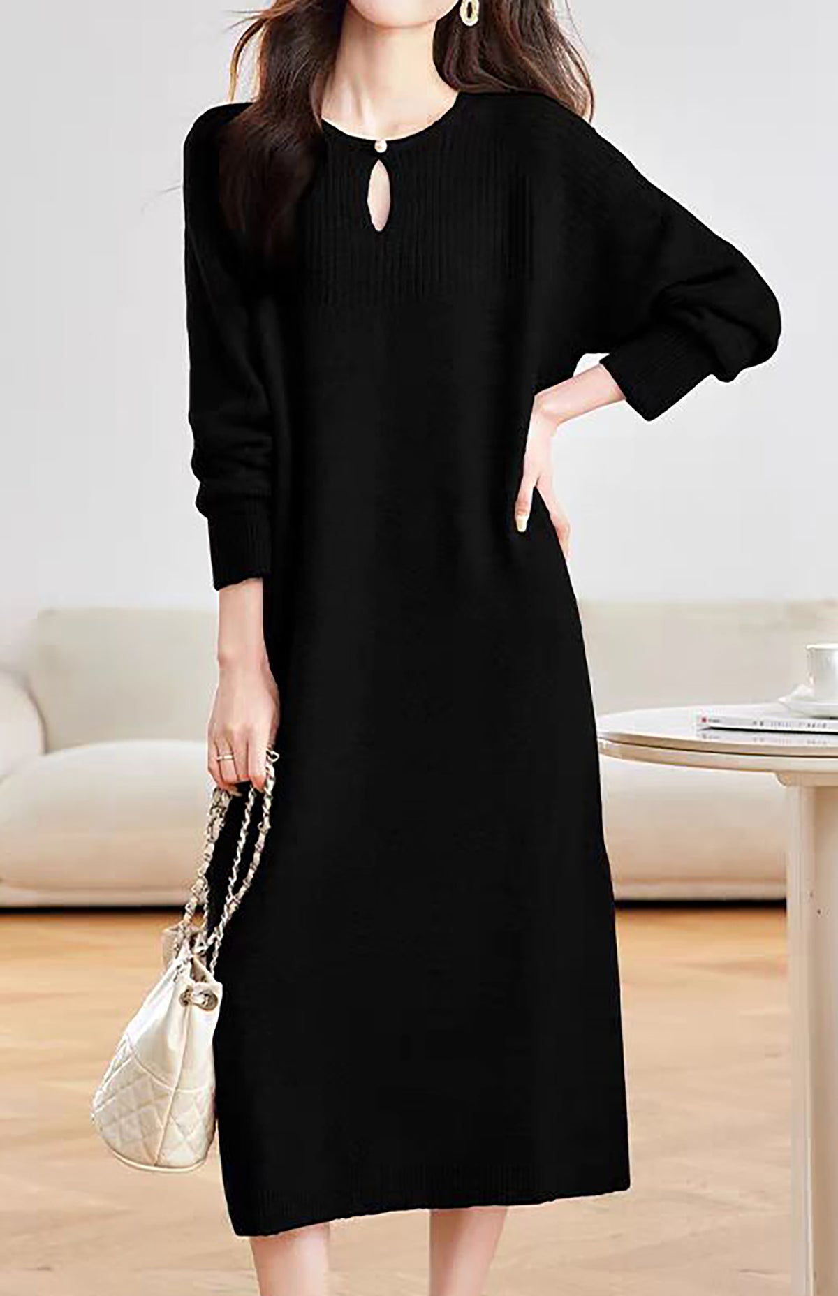 28721 Women's Keyhole Neck Knit Midi Dress – Relaxed Fit | 3 Colors