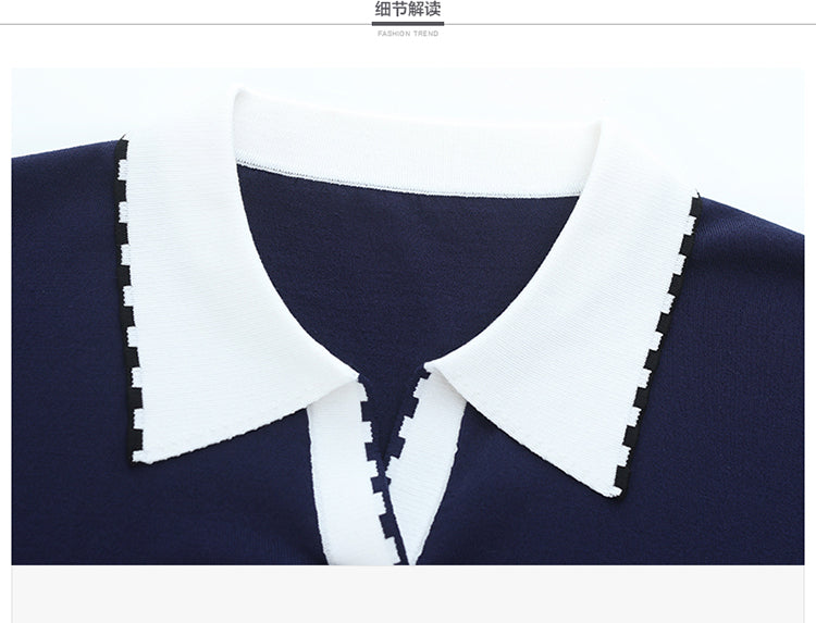 Women's Contrasting Color Polo Collar Knit Blouse