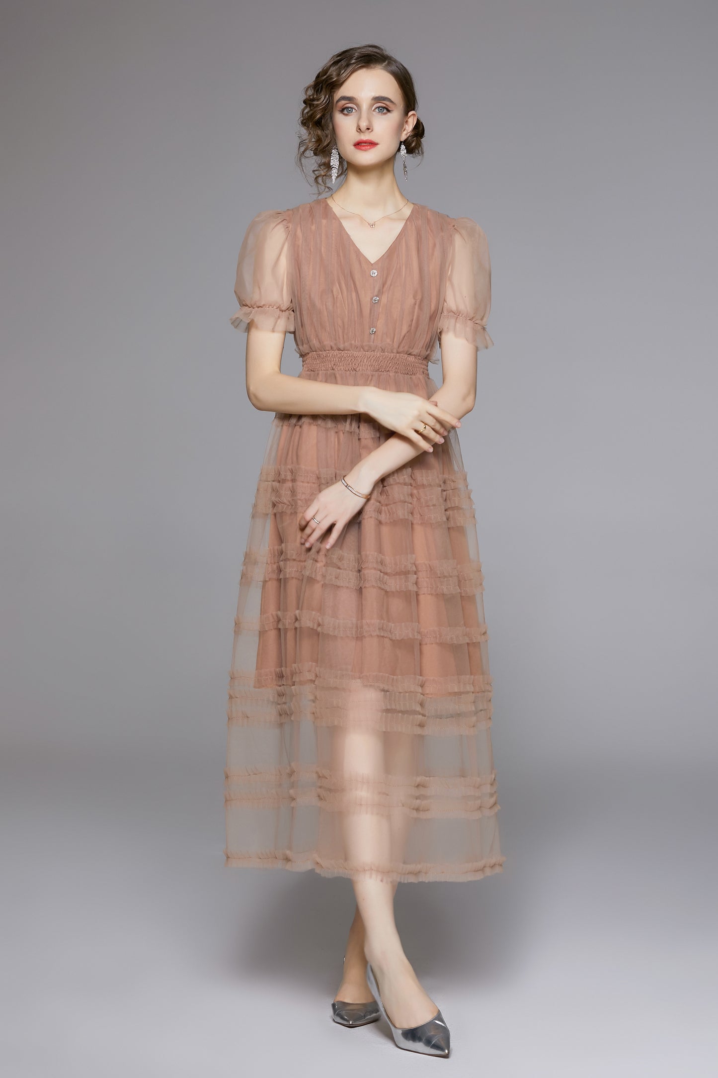 LAI MENG FIVE CATS Dusty Blush Mesh Maxi Dress - LAI MENG FIVE CATS