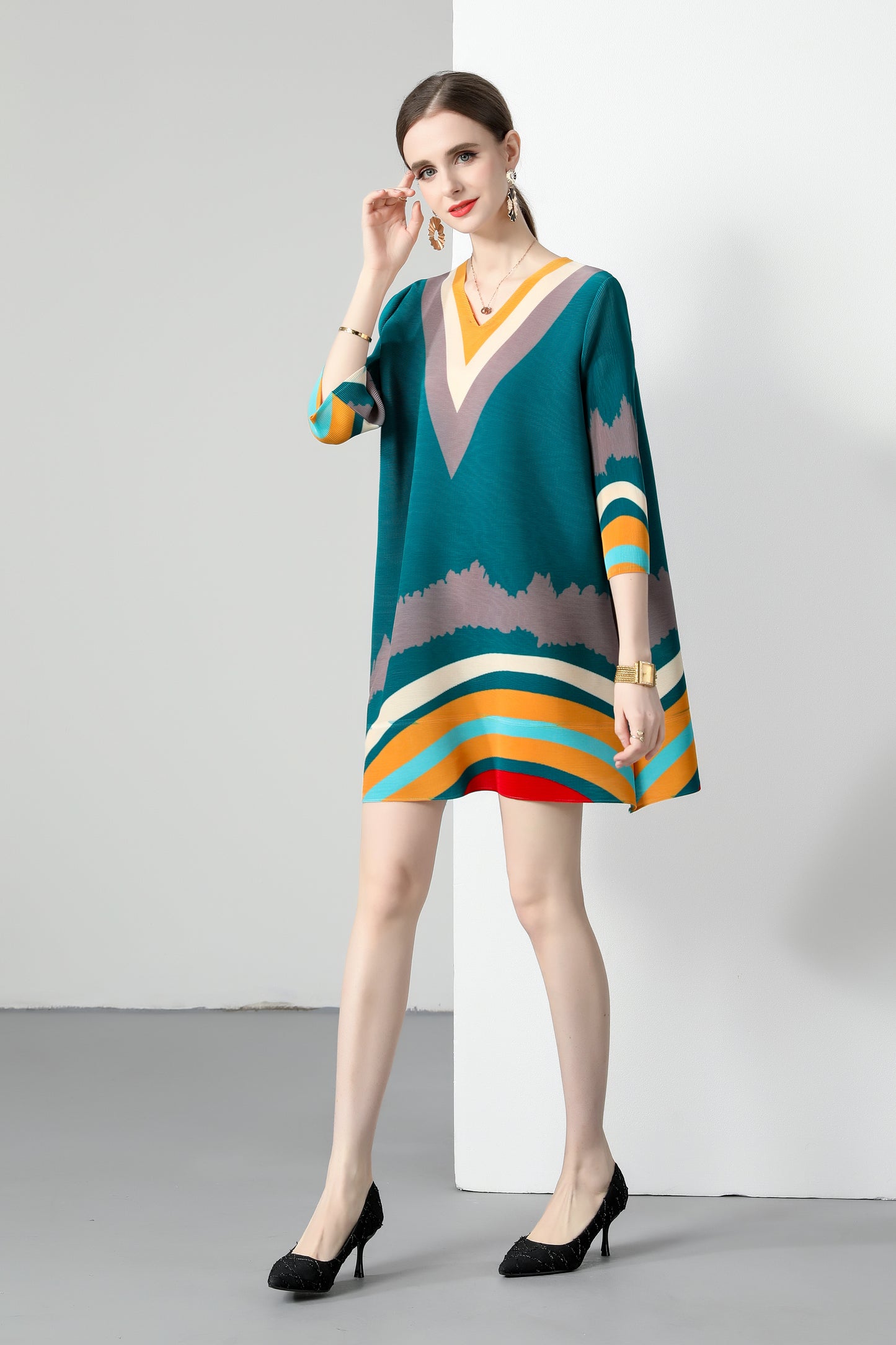 Pleats big Elastic Loose Print Mini Dress - LAI MENG FIVE CATS