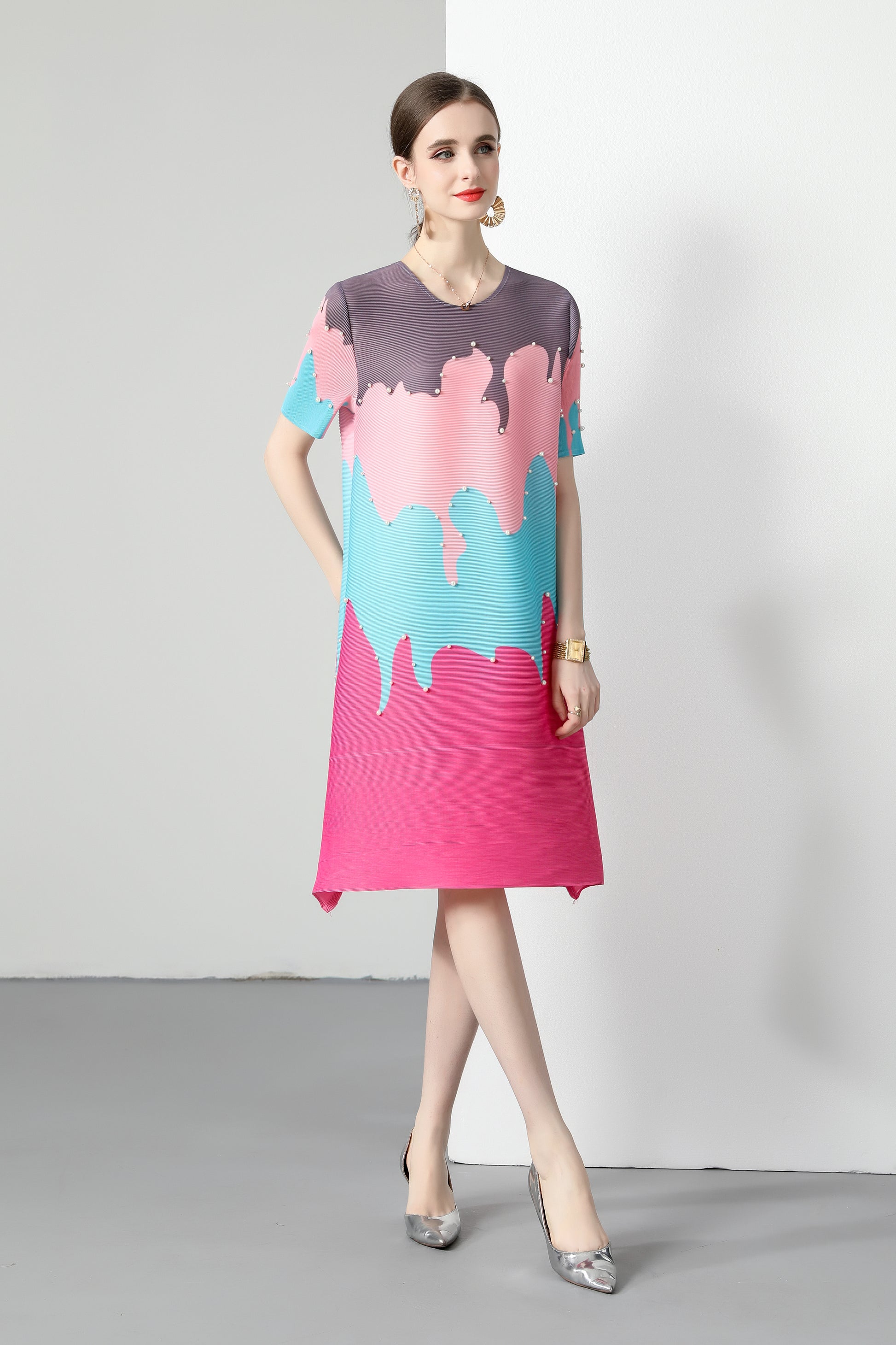 Pleats big Elastic print Loose cute Midi Dress - LAI MENG FIVE CATS