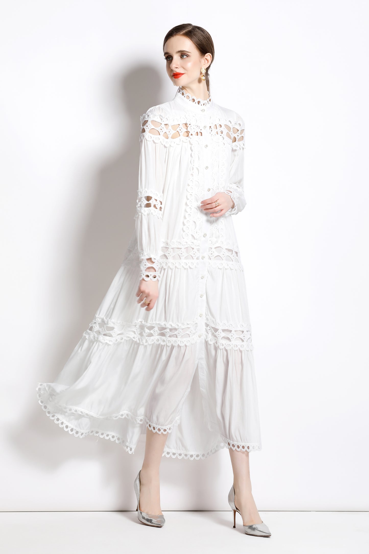 Women's Hollow Lace Puff Sleeve Split Maxi Dress