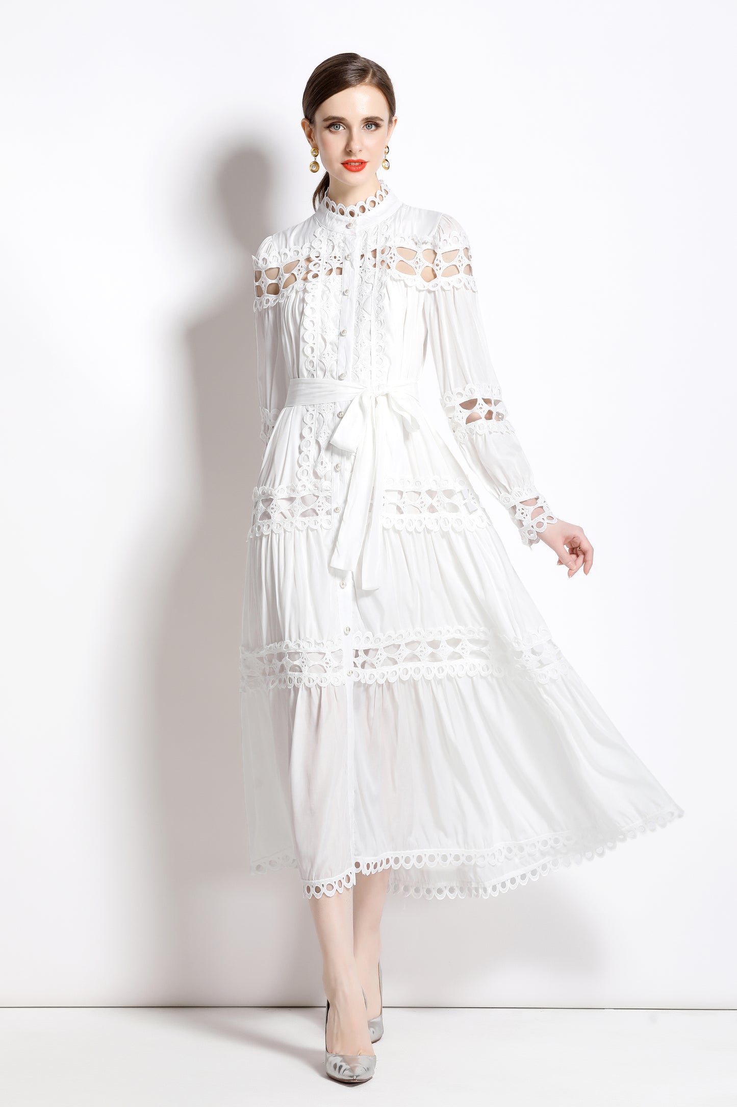 Women's Hollow Lace Puff Sleeve Split Maxi Dress