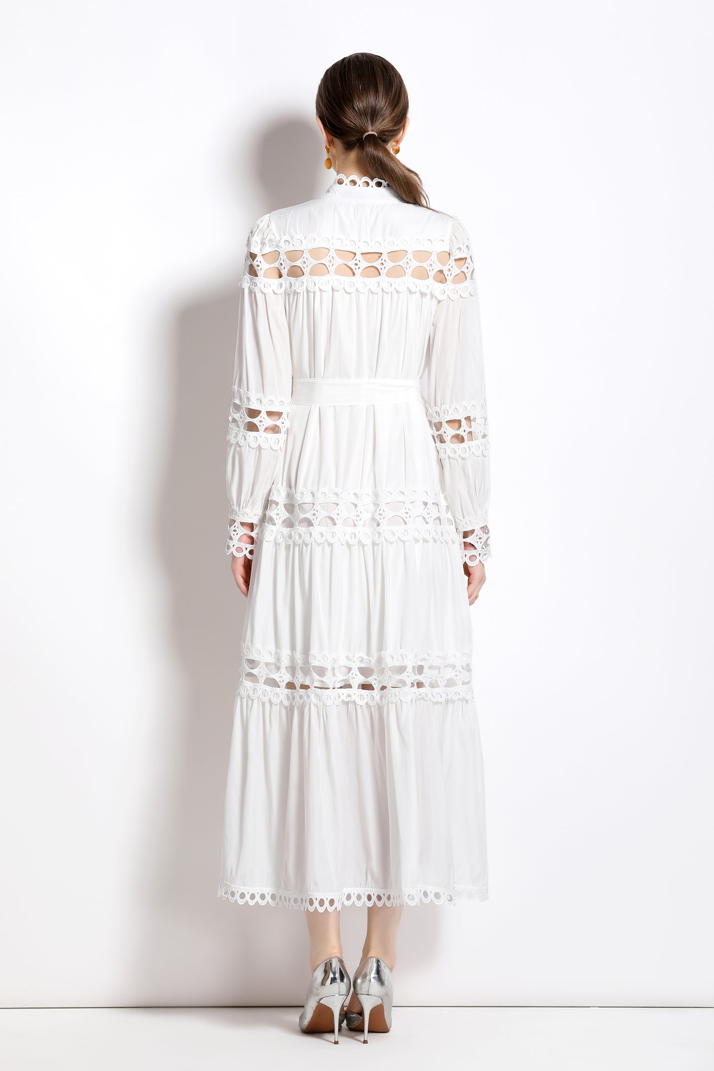 Women's Hollow Lace Puff Sleeve Split Maxi Dress