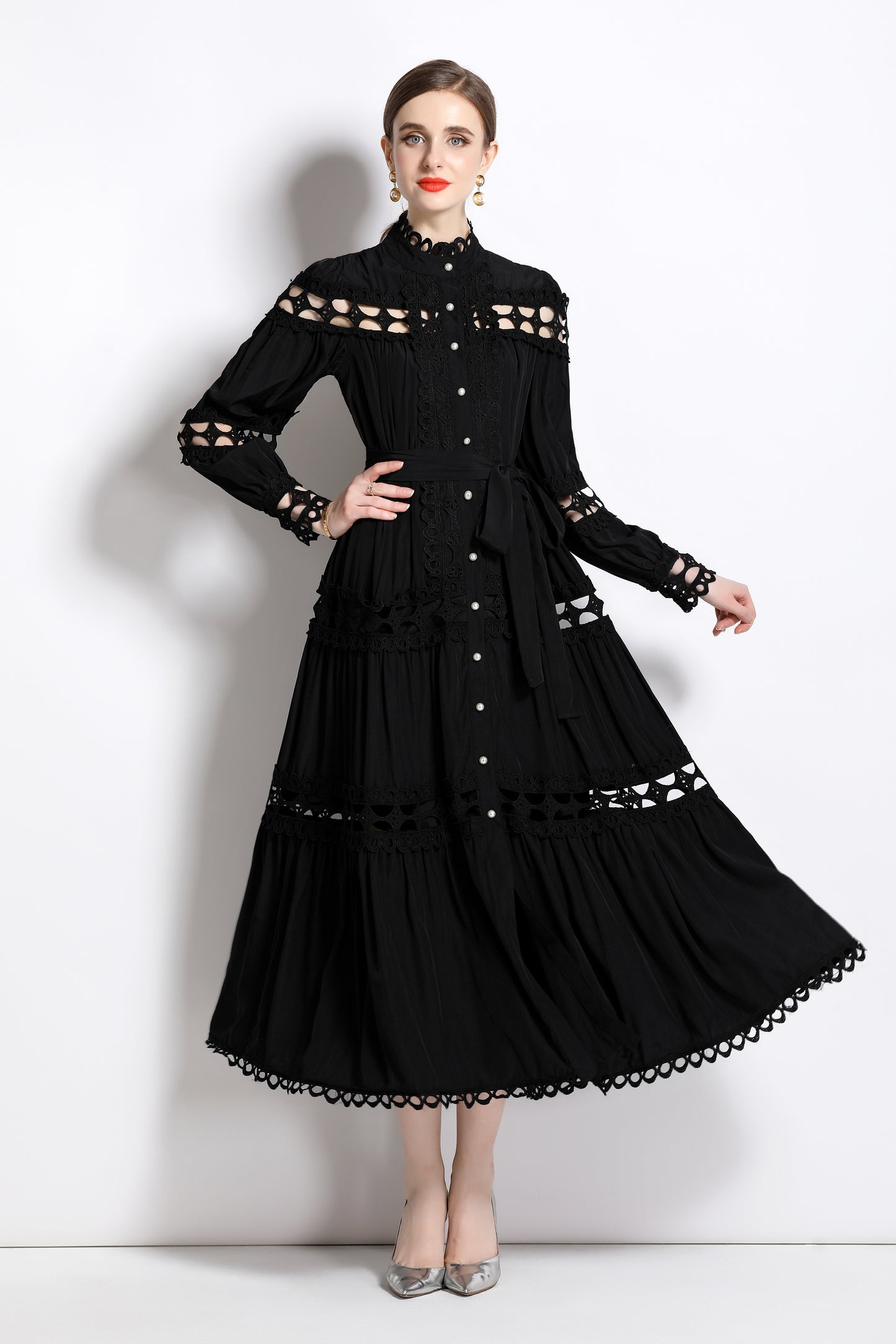 Women's Hollow Lace Puff Sleeve Split Maxi Dress