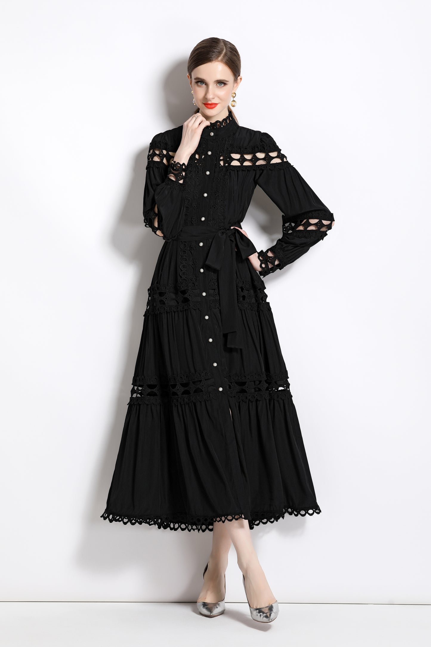 Women's Hollow Lace Puff Sleeve Split Maxi Dress